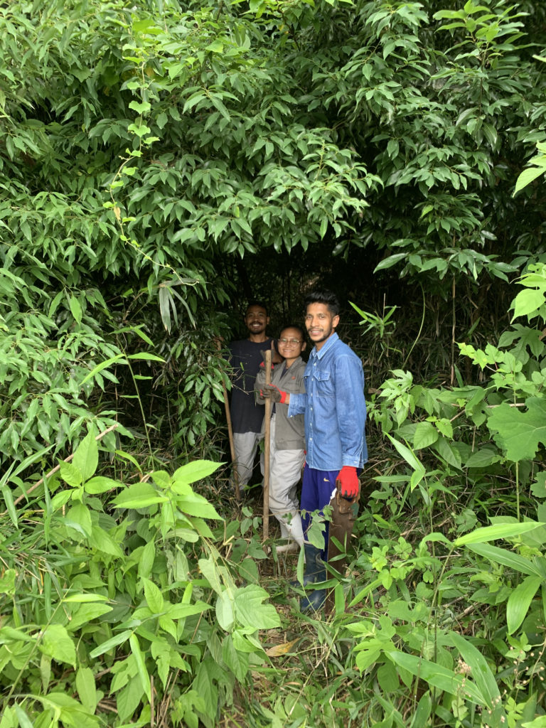 Participants Yohannes, Yeyen, and Mithun working on a forest path.